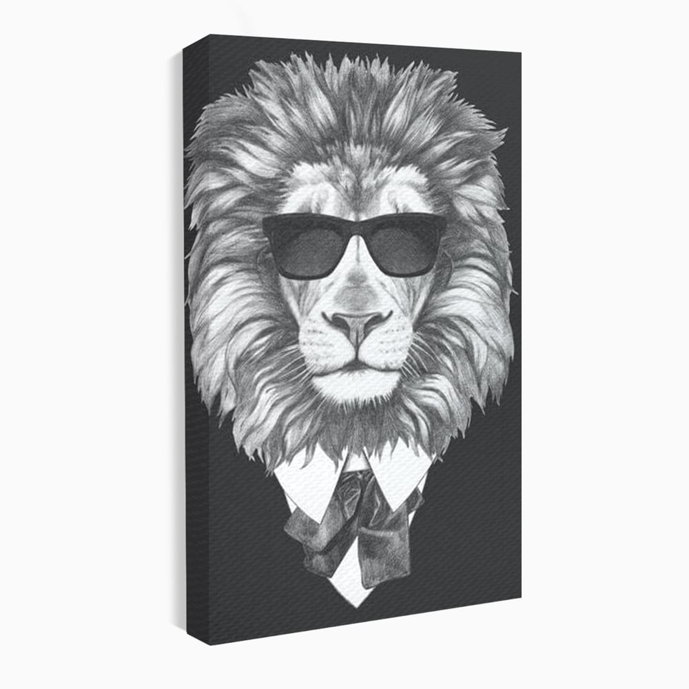 Tablou canvas cu tablou canvas cu leu in costum si ochelari, fara rama, pe sasiu de lemn